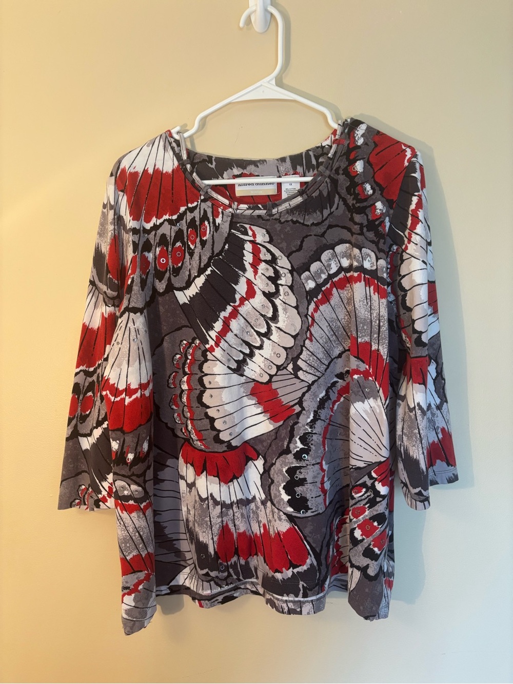 Alfred Dunner Red, Gray & White Butterfly-Print Blouse